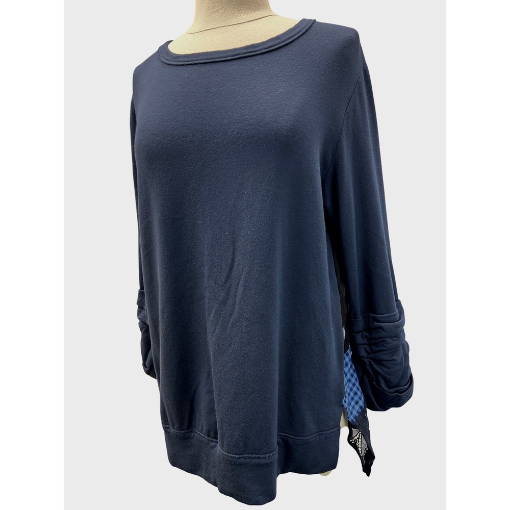 Bailey 44 Mixed Media Top‎ Womens Large Blue Excellent Lace Silk Gingham Back